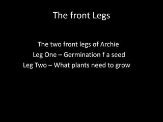 The front Legs
The two front legs of Archie
Leg One – Germination f a seed
Leg Two – What plants need to grow
 