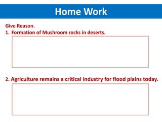 Give Reason.
1. Formation of Mushroom rocks in deserts.
2. Agriculture remains a critical industry for flood plains today....