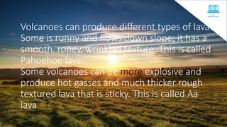 Volcanoes can produce different types of lava.
Some is runny and flows down slope; it has a
smooth, ropey, wrinkled texture. This is called
Pahoehoe lava.
Some volcanoes can be more explosive and
produce hot gasses and much thicker rough
textured lava that is sticky. This is called Aa
lava.
 