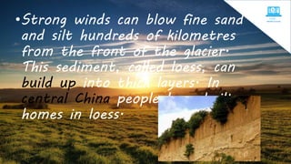 •Strong winds can blow fine sand
and silt hundreds of kilometres
from the front of the glacier.
This sediment, called loess, can
build up into thick layers. In
central China people have built
homes in loess.
 