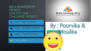 BALA JANAAGRAHA
PROJECT..
OUR CITY OUR
CHALLENGE PROJECT..
Step 1 : Search problem
Step 2 : Talk about problem
Step 3 : Think the solution
Step 4 : Apply
 