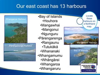 Our east coast has 13 harbours
•Bay of Islands
•Houhora
•Mangawhai
•Mangonui
•Ngunguru
•Pārengarenga
•Rangaunu
•Tutukākā
•Whananaki
•Whangamumu
•Whāngārei
•Whangaroa
•Whangaruru
What
harbours are
near you?
Whangaroa Harbour
Mangawhai Harbour
Pārengarenga Harbour
Bay of Islands
Locate
these
harbours on
a Northland
map.
 