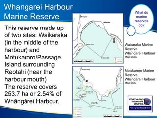 Whangarei Harbour
Marine Reserve
This reserve made up
of two sites: Waikaraka
(in the middle of the
harbour) and
Motukaroro/Passage
Island surrounding
Reotahi (near the
harbour mouth)
The reserve covers
253.7 ha or 2.54% of
Whāngārei Harbour.
What do
marine
reserves
do?
Waikaraka Marine
Reserve
Whangarei Harbour
Map: DOC
Motukaroro Marine
Reserve
Whangarei Harbour
Map:DOC
 
