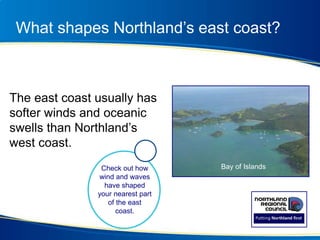 What shapes Northland’s east coast?
The east coast usually has
softer winds and oceanic
swells than Northland’s
west coast.
Bay of IslandsCheck out how
wind and waves
have shaped
your nearest part
of the east
coast.
 