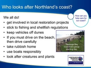 Who looks after Northland’s coast?
We all do!
• get involved in local restoration projects
• stick to fishing and shellfish regulations
• keep vehicles off dunes
• If you must drive on the beach,
then drive carefully
• take rubbish home
• use boats responsibly
• look after creatures and plants
How can you
help care for
our coast?
Tauranga Bay
CoastCare group
planting day.
 
