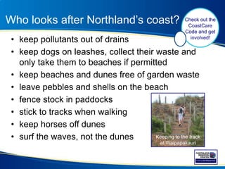Who looks after Northland’s coast?
• keep pollutants out of drains
• keep dogs on leashes, collect their waste and
only take them to beaches if permitted
• keep beaches and dunes free of garden waste
• leave pebbles and shells on the beach
• fence stock in paddocks
• stick to tracks when walking
• keep horses off dunes
• surf the waves, not the dunes
Check out the
CoastCare
Code and get
involved!
Keeping to the track
at Waipapakauri
 