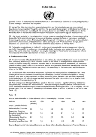 United Nations
UN Documents: Gathering a Body of Global Agreements has been compiled by the NGO Committee on Education of the Conference of
NGOs from United Nations web sites with the invaluable help of information & communications technology.
potential sources of medicines and industrial chemicals. It removes forever creatures of beauty and parts of our
cultural heritage; it diminishes the biosphere.
31. Many of the risks stemming from our productive activity and the technologies we use cross-national
boundaries; many are global. Though the activities that give rise to these dangers tend to be concentrated in a
few countries, the risks are shared by all, rich and poor, those who benefit from them and those who do not.
Most who share in the risks have little influence on the decision processes that regulate these activities.
32. Little time is available for corrective action. In some cases we may already be close to transgressing critical
thresholds. While scientists continue to research and debate causes and effects, in many cases we already
know enough to warrant action. This is true locally and regionally in the cases of such threats as desertification,
deforestation, toxic wastes, and acidification; it is true globally for such threats as climate change, ozone
depletion, and species loss. The risks increase faster than do our abilities to manage them.
33. Perhaps the greatest threat to the Earth's environment, to sustainable human progress, and indeed to
survival is the possibility of nuclear war, increased daily by the continuing arms race and its spread to outer
space. The search for a more viable future can only be meaningful in the context of a more vigorous effort to
renounce and eliminate the development of means of annihilation.
4. The Economic Crisis
34. The environmental difficulties that confront us are not new, but only recently have we begun to understand
their complexity. Previously our main concerns centred on the effects of development on the environment.
Today, we need to be equally concerned about the ways in which environmental degradation can dampen or
reverse economic development. In one area after another, environmental degradation is eroding the potential
for development. This basic connection was brought into sharp focus by the environment and development
crises of the 1980s.
35. The slowdown in the momentum of economic expansion and the stagnation in world trade in the 1980s
challenged all nations' abilities to react and adjust. Developing countries that rely on the export of primary
products have been hit particularly hard by falling commodity prices. Between 1980 and 1984, developing
countries lost about $55 billion in export earnings because of the fall in commodity prices, a blow felt most
keenly in Latin America and Africa./12
36. As a consequence of this period of slow growth in the world economy - together with rising debt service
obligations and a decline in the inflow of finance - many developing countries have facet) severe economic
crises. Over half of all developing countries actually experienced declining per capita GDP in the years 1982-85
and per capita GDP has fallen, for developing countries as a whole, by around 10 per cent in the 1980s. (See
Table 1-3.)
Table 1-3
Annual Rate of Increase of Gross Domestic Product in Developing Countries, 1976-85
Indicator 1976-80 1981 1982 1983 1984 1985
(per cent)
Gross Domestic Product
All Developing Countries 4.9 1.3 0.2 0.8 2.1 2.5
Developing Countries
Excluding Large Countries 4.5 1.0 0.6 0.1 1.5 1.4
Per Capita GDP
All developing Countries 2.4 1.0 2.1 1.5 0.2 0.2
Developing Countries
Excluding Large Countries 1.9 1.5 -3.1 -2.4 -1.0 1.1
Source: Department of International Economic and Social Affairs, Doubling Development Finance: Meeting a
 