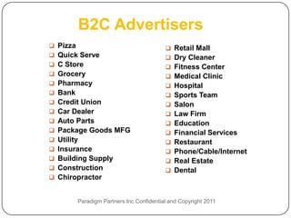 B2C Advertisers
 Pizza                                     Retail Mall
 Quick Serve                               Dry ...
