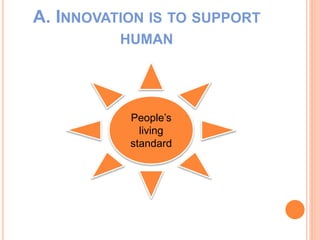 A. INNOVATION IS TO SUPPORT
HUMAN
People’s
living
standard
 