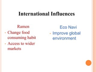 International Influences
Ramen
• Change food
consuming habit
• Access to wider
markets
Eco Navi
• Improve global
environment
 