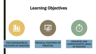 Learning Objectives
THE GEOGRAPHICAL
LOCATION OF PAKISTAN.
PHYSICAL FEATURES OF
PAKISTAN.
PROVINCES AND
ADMINISTRATIVE AREAS
OF PAKISTAN.
 