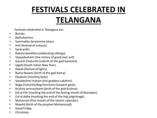 FESTIVALS CELEBRATED IN
TELANGANA
Festivals celebrated in Telangana are:
• Bonalu
• Bathukamma
• Sammakka Saralamma Jatara
• Holi (festival of colours).
• Sankranthi.
• Raksha Bandhan (celebrating siblings).
• Vijayadashami (the victory of good over evil).
• Ganesh Chaturthi (rebirth of the god Ganesha).
• Ugadi (South Indian New Year).
• Diwali (festival of lights).
• Rama Navami (birth of the god Rama).
• Ekadashi (monthly fasts).
• Varalakshmi Vratam (the goddess Lakshmi).
• Naga Chaturthi/Nag Panchami (serpent gods).
• Krishna Janmashtami (birth of the god Krishna).
• Eid al-Fitr (marking the end of the fasting month of Ramadan).
• Eid al-Adha (marking the end of the Hajj pilgrimage).
• Muharram (first month of the Islamic calendar).
• Mawlid (birth of the prophet Muhammad).
• Good Friday.
• Christmas.
 