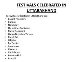 FESTIVALS CELEBRATED IN
UTTARAKHAND
Festivals cele0brated in Uttarakhand are:
• Basant Panchami
• Bhitauli
• Nandadevi
• Olgia/Ghee Sankranti
• Makar Sankranti
• Ganga Dussehra/Dasara
• Phool Dei
• Hilljatra
• Bat Savitri
• Janopunya
• Khatarua
• Chhipla Jaat
• Kumaon Holi
• Kandali
 