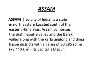 ASSAM
ASSAM (Tea city of India) is a state
in northeastern Located south of the
eastern Himalayas, Assam comprises
the Brahmaputra valley and the Barak
valley along with the karbi anglong and dima
hasoe districts with an area of 30,285 sq mi
(78,440 km2). Its capital is Dispur.
 