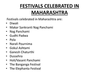 FESTIVALS CELEBRATED IN
MAHARASHTRA
Festivals celebrated in Maharashtra are:
• Diwali
• Makar Sankranti Nag Panchami
• Nag Panchami
• Gudhi Padwa
• Pola
• Narali Pournima
• Gokul Ashtami
• Ganesh Chaturthi
• Dussehra
• Holi/Vasant Panchami
• The Banganga Festival
• The Elephanta Festival
 