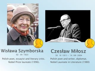 Wisława Szymborska 02   VII  1923Czesław Miłosz 30   VI  1911 -  14  VIII  2004Polish poet, essayist and literarycritic.Nobel Prize laureate (1996).Polish poet andwriter,diplomat. Nobel Laureate in Literature(1980)