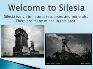 Welcome to SilesiaSilesia isrichin natural resources and minerals. Thereare many minesinthisarea.