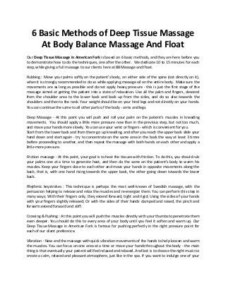 6 Basic Methods of Deep Tissue Massage
At Body Balance Massage And Float
Our Deep Tissue Massage in American Fork is based on 6 basic methods, and they are here before you
to demonstrate how to do the techniques, one after the other. We dedicate 10 to 15 minutes for each
step, while giving a full massage to our clients here at BB Massage and Float.
Rubbing : Move your palms softly on the patient's body, on either side of the spine (not directly on it),
when it is strongly recommended to do so while applying massage oil on the entire body. Make sure the
movements are as long as possible and do not apply heavy pressure - this is just the first stage of the
massage aimed at getting the patient into a state of relaxation. Use all the palm and fingers, descend
from the shoulder area to the lower back and back up from the sides, and do so also towards the
shoulders and then to the neck. Your weight should be on your hind legs and not directly on your hands.
You can continue the same to all other parts of the body - arms and legs.
Deep Massage - At this point you will push and roll your palm on the patient's muscles in kneading
movements. You should apply a little more pressure now than in the previous step, but not too much,
and move your hands more slowly. You can use your wrist or fingers - which is convenient for you.
Start from the lower back and from there go up kneading, and after you reach the upper back slide your
hand down and start again - try to concentrate on the same area in the back the way at least 3 times
before proceeding to another, and then repeat the massage with both hands on each other and apply a
little more pressure.
Friction massage : At this point, your goal is to heat the tissues with friction. To do this, you should rub
your palms one at a time to generate heat, and then do the same on the patient's body to warm his
muscles. Keep your fingers close to each other and move your hands in opposite movements along the
back, that is, with one hand rising towards the upper back, the other going down towards the lower
back.
Rhythmic keystrokes : This technique is perhaps the most well-known of Swedish massage, with the
percussion helping to release and relax the muscles and re-energize them. You can perform this step in
many ways; With their fingers only, they extend forward, tight and rigid; Using the sides of your hands
with your fingers slightly released; Or with the sides of their hands clamped and raised, the pinch and
forearm extend forward and stiff.
Crossing & Pushing : At this point you will push the muscles directly with your thumbs to penetrate them
even deeper. You should do this to every area of your body until you feel it soften and warm up. Our
Deep Tissue Massage in American Fork is famous for pushing perfectly in the right pressure point for
each of our client preference.
Vibration : Now end the massage with quick vibration movements of the hands to help loosen and warm
the muscles. You can focus on one area at a time or move your hands throughout the body - the main
thing is that eventually your patient will feel relaxed and relaxed. And last is to choose the right music to
create a calm, relaxed and pleasant atmosphere, just like in the spa. If you want to indulge one of your
 