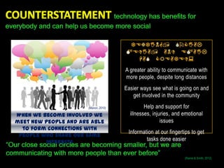 A greater ability to communicate with
                                       more people, despite long distances
                                       Easier ways see what is going on and
                                          get involved in the community

                       (Manon, 2010)            Help and support for
When we become involved we               illnesses, injuries, and emotional
meet new people and are able                            issues
  to form connections with
                                        Information at our fingertips to get
 people who share our same
         interests
                                                tasks done easier


                                                                  (Rainie & Smith, 2012)
 