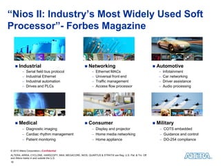 “Nios II: Industry’s Most Widely Used Soft
Processor”- Forbes Magazine


        Industrial                                       Networking                                       Automotive
             Serial field bus protocol                        Ethernet MACs                                    Infotainment
             Industrial Ethernet                              Universal front end                              Car networking
             Industrial automation                            Traffic management                               Driver assistance
             Drives and PLCs                                  Access flow processor                            Audio processing




        Medical                                          Consumer                                         Military
           Diagnostic imaging                               Display and projector                            COTS embedded
           Cardiac rhythm management                        Home media networking                            Guidance and control
           Patient monitoring                               Home appliance                                   DO-254 compliance


© 2010 Altera Corporation—Confidential
ALTERA, ARRIA, CYCLONE, HARDCOPY, MAX, MEGACORE, NIOS, QUARTUS & STRATIX are Reg. U.S. Pat. & Tm. Off.
and Altera marks in and outside the U.S.
16
 