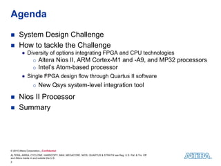 Agenda

     System Design Challenge
     How to tackle the Challenge
         ● Diversity of options integrating FPGA and CPU technologies
             o Altera Nios II, ARM Cortex-M1 and -A9, and MP32 processors
             o Intel’s Atom-based processor
         ● Single FPGA design flow through Quartus II software
                  o New Qsys system-level integration tool

     Nios II Processor
     Summary




© 2010 Altera Corporation—Confidential
ALTERA, ARRIA, CYCLONE, HARDCOPY, MAX, MEGACORE, NIOS, QUARTUS & STRATIX are Reg. U.S. Pat. & Tm. Off.
and Altera marks in and outside the U.S.
2
 