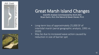 Great Marsh Island Changes
Scientific Analysis Commissioned by ACCA 2021
Bryan Quinn, RLA, One Nature & Steven Danzer, Ph.D.
• Long-term loss of approximately 25,000 SF of
intertidal marsh (aerial geographic analysis, 1991 vs.
2020)
• May be due to increased wave action caused by
reduction in size of barrier spit
 