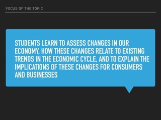 STUDENTS LEARN TO ASSESS CHANGES IN OUR
ECONOMY, HOW THESE CHANGES RELATE TO EXISTING
TRENDS IN THE ECONOMIC CYCLE, AND TO EXPLAIN THE
IMPLICATIONS OF THESE CHANGES FOR CONSUMERS
AND BUSINESSES
FOCUS OF THE TOPIC
 