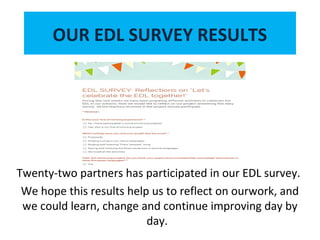 OUR EDL SURVEY RESULTS 
Twenty-two partners has participated in our EDL survey. 
We hope this results help us to reflect on ourwork, and 
we could learn, change and continue improving day by 
day. 
 