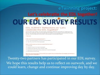 Twenty-two partners has participated in our EDL survey. 
We hope this results help us to reflect on ourwork, and we 
could learn, change and continue improving day by day. 
 