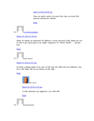 April 12, 2014 at 8:45 pm 
These are merely meant to be notes from class, not actual first-exposure 
instructional material. 
Reply 
26. carolinalotaifgiglio 
March 18, 2014 at 7:46 pm 
thanks for making me understand the difference of tone and mood, really helped me a lot 
in order to get a good grade in my english assignment for “Master Harold” … and they 
boys 
Reply 
27. jade sautter 
March 27, 2014 at 5:27 pm 
Im doing a reading papper in my class in sixth grae and i think that your definitions may 
have some things that you are missing ion this sight. 
Reply 
o Mr. Scott 
March 28, 2014 at 1:45 pm 
I would appreciate any suggestions you could offer. 
Reply 
28. mmhmmmhm 
 