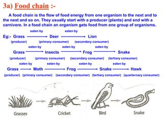 3a) Food chain :-
A food chain is the flow of food energy from one organism to the next and to
the next and so on. They us...