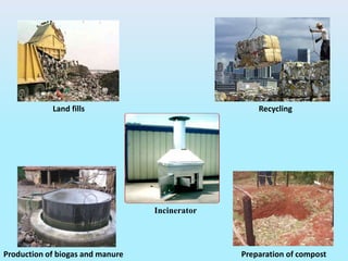 Land fills Recycling
Production of biogas and manure Preparation of compost
Incinerator
 