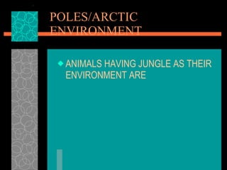 POLES/ARCTIC ENVIRONMENT ANIMALS HAVING JUNGLE AS THEIR ENVIRONMENT ARE 