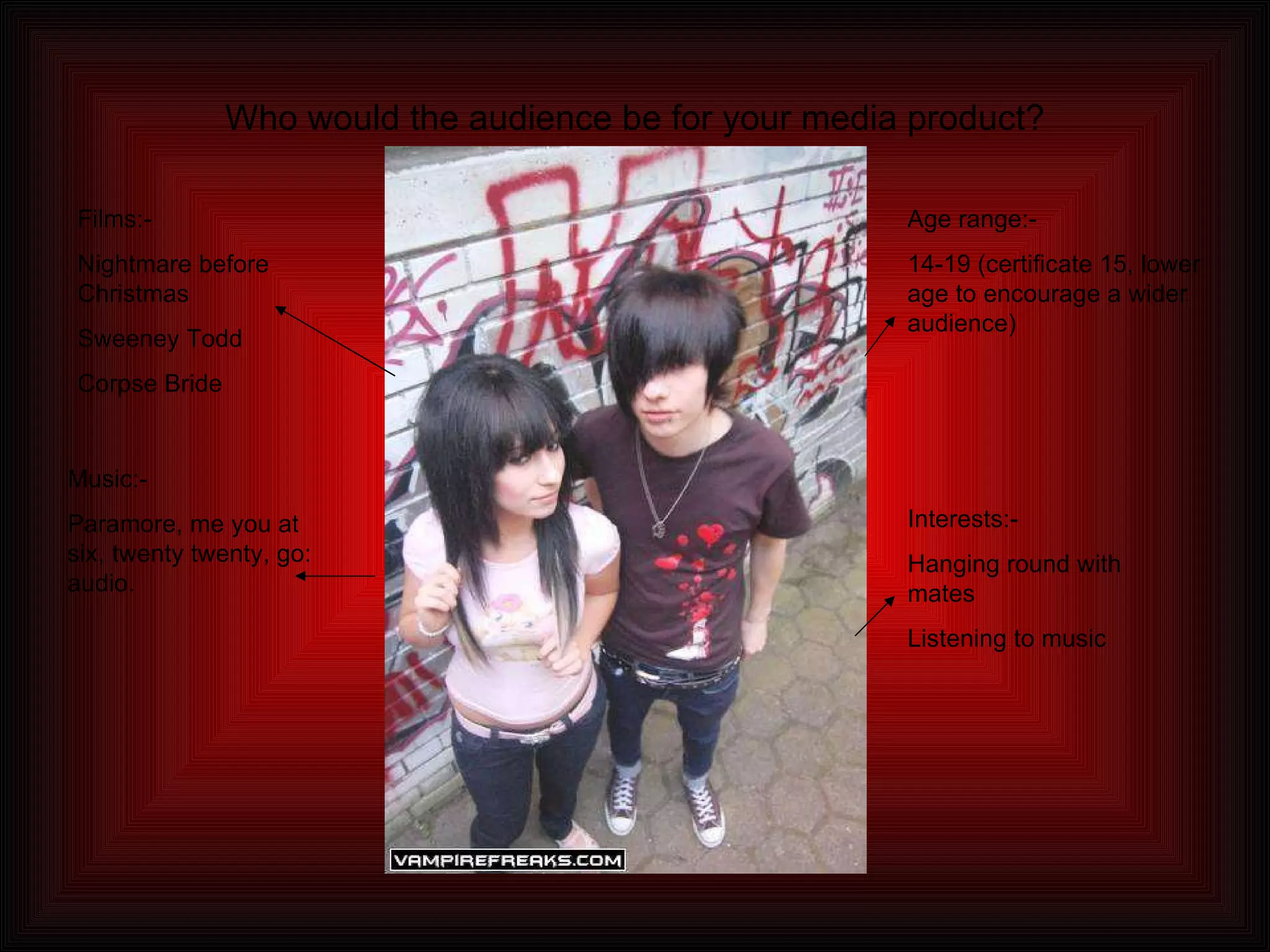 Who would the audience be for your media product? Films:- Nightmare before Christmas Sweeney Todd Corpse Bride Age range:-  14-19 (certificate 15, lower age to encourage a wider audience) Music:- Paramore, me you at six, twenty twenty, go: audio. Interests:- Hanging round with mates Listening to music 