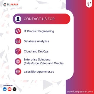 CONTACT US FOR
sales@iprogrammer.co
Enterprise Solutions
(Salesforce, Odoo and Oracle)
IT Product Engineering
Database Analytics
Cloud and DevOps
CONTACT US FOR
Follow us on:
www.iprogrammer.com
 