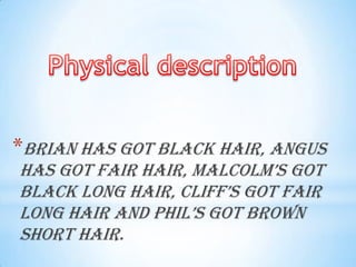 *Brian has got black hair, Angus
has got fair hair, malcolm’s got
black long hair, cliff’s got fair
long hair and phil’s got brown
short hair.

 