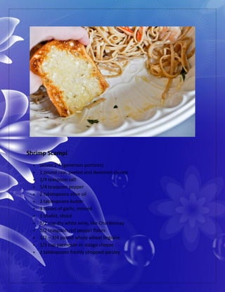 Shrimp Scampi
 serves 2-4 (generous portions)
 1 pound raw, peeled and deveined shrimp
 1/4 teaspoon salt
 1/4 teaspoon pepper
 2 tablespoons olive oil
 3 tablespoons butter
 3 cloves of garlic, minced
 1 shallot, sliced
 1/2 cup dry white wine, like Chardonnay
 1/2 teaspoon red pepper flakes
 1/2 – 3/4 pound whole wheat linguine
 1/3 cup parmesan or asiago cheese
 2 tablespoons freshly chopped parsley
 