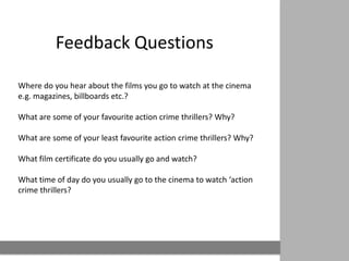 Feedback Questions

Where do you hear about the films you go to watch at the cinema
e.g. magazines, billboards etc.?

What are some of your favourite action crime thrillers? Why?

What are some of your least favourite action crime thrillers? Why?

What film certificate do you usually go and watch?

What time of day do you usually go to the cinema to watch ‘action
crime thrillers?
 