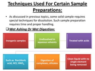Techniques Used For Certain Sample
           Preparations:
• As discussed in previous topics, some solid sample requires
  special techniques for dissolution. Such sample preparation
  requires time and proper handling.
Wet Ashing Or Wet Digestion:

                         Undissolved in
Inorganic samples                               Treated with acids
                        aqueous solvents




                                               Clean liquid with no
Such as Perchloric        Digestion of
                                                  single element
 acid, HCl, HNO3,      complexes, silicates
                                                  being removed
 