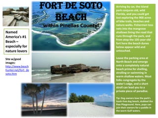Fort De Soto Beach within Pinellas County!Arriving by car, the island park conjures old, wild Florida, and you could get lost exploring the 900 acres of bike trails, beaches and nature walks. Fishermen toss nets into the mangrove shallows lining the road that runs through the park, and from atop the 105-year-old fort here the beach dunes below appear wild and untouched.Leave the parking area at North Beach and emerge onto a completely natural beach prime for shelling, strolling or swimming in warm shallow waters. Most folks congregate by the water's edge, and a short stroll can lead you to a private piece of paradise.Tip: Dog owners love the park's leash-free dog beach, dubbed the Paw Playground. Here, pups can join their owners for a paddle in the warm Gulf waters.Named America’s #1 Beach – especially for nature loversSite w/good images:http://www.beachhunter.net/fort_desoto.htm