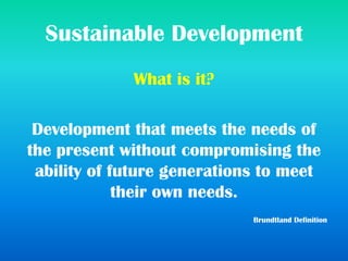 Sustainable Development
What is it?
Development that meets the needs of
the present without compromising the
ability of future generations to meet
their own needs.
Brundtland Definition
 