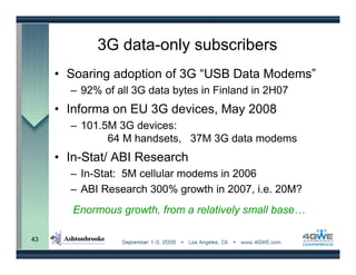 3G data-only subscribers
     • Soaring adoption of 3G “USB Data Modems”
       – 92% of all 3G data bytes in Finland in 2H07
     • Informa on EU 3G devices, May 2008
       – 101.5M 3G devices:
              64 M handsets, 37M 3G data modems
     • In-Stat/ ABI Research
       – In-Stat: 5M cellular modems in 2006
       – ABI Research 300% growth in 2007, i.e. 20M?
        Enormous growth, from a relatively small base…

43
 