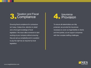 3. Compliance

4. Provision

Ensuring fiscal compliance for contractors

To ensure all stakeholders are fully

isn’t easy, it takes time, attention to detail

protected, we provide the insurances

and a thorough knowledge of local

necessary to cover our legal liability to clients

legislation. We never allow someone to start

and third parties, as we support companies

working at your company without ensuring

with their complex staffing challenges.

Taxation and Fiscal

they are set up compliantly and in a position
to pay the right tax as required by local
legislation.

Insurance

 