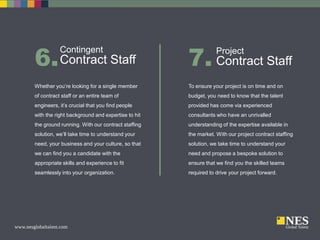 6. Contract Staff

7. Contract Staff

Whether you’re looking for a single member

To ensure your project is on time and on

of contract staff or an entire team of

budget, you need to know that the talent

engineers, it’s crucial that you find people

provided has come via experienced

with the right background and expertise to hit

consultants who have an unrivalled

the ground running. With our contract staffing

understanding of the expertise available in

solution, we’ll take time to understand your

the market. With our project contract staffing

need, your business and your culture, so that

solution, we take time to understand your

we can find you a candidate with the

need and propose a bespoke solution to

appropriate skills and experience to fit

ensure that we find you the skilled teams

seamlessly into your organization.

required to drive your project forward.

Contingent

Project

 