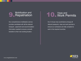 9. Repatriation
Mobilization and

10. Work Permits
Visas and

Our comprehensive mobilization service

Our in-house visa coordinators arrange all

provides candidates with all the relevant

relevant passports, visas and work permits to

transport, paperwork and accommodation

ensure our contractors are fully compliant to

information needed to ensure a smooth

work in the required countries.

transition to their new working location.

 