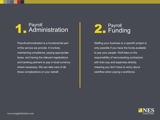 1. Administration
Payroll

2. Funding
Payroll

Payroll administration is a fundamental part

Staffing your business or a specific project is

of the service we provide. It involves

only possible if you have the funds available

maintaining compliance, paying appropriate

to pay your people. We’ll take on the

taxes, and having the relevant registrations

responsibility of remunerating contractors

and banking partners to pay in local currency

with their pay and expenses directly,

where necessary. We can take care of all

meaning you don’t have to worry about

these complications on your behalf.

cashflow when paying a workforce.

 