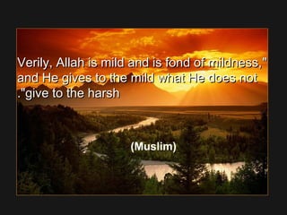 Verily, Allah is mild and is fond of mildness,Verily, Allah is mild and is fond of mildness,
and He gives to the mild what He does notand He gives to the mild what He does not
give to the harshgive to the harsh..
(Muslim)
 