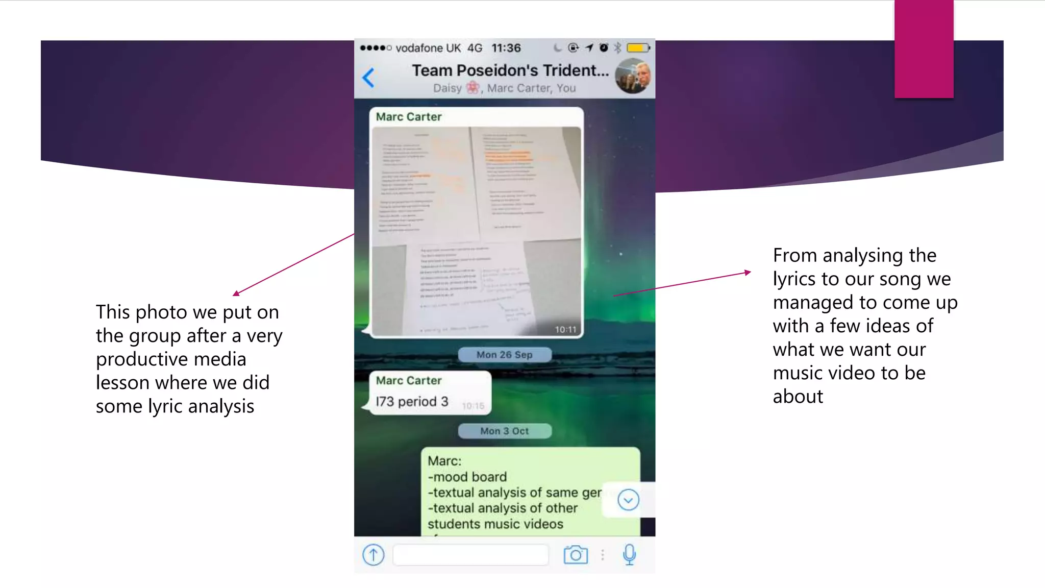 This photo we put on
the group after a very
productive media
lesson where we did
some lyric analysis
From analysing the
lyrics to our song we
managed to come up
with a few ideas of
what we want our
music video to be
about
 