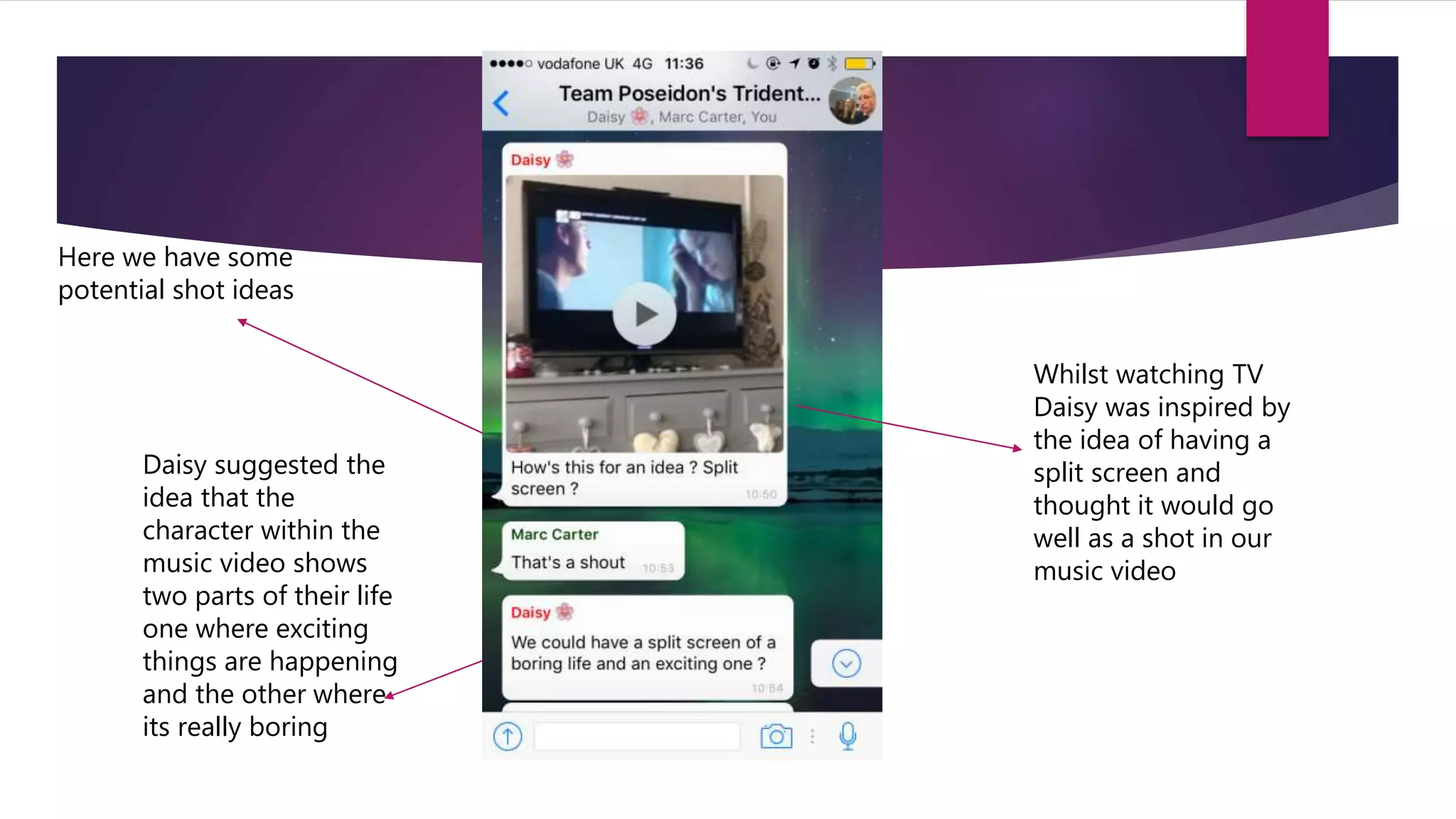 Whilst watching TV
Daisy was inspired by
the idea of having a
split screen and
thought it would go
well as a shot in our
music video
Here we have some
potential shot ideas
Daisy suggested the
idea that the
character within the
music video shows
two parts of their life
one where exciting
things are happening
and the other where
its really boring
 