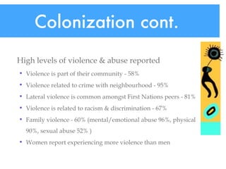 Colonization cont.  High levels of violence & abuse reported Violence is part of their community - 58% Violence related to crime with neighbourhood - 95%  Lateral violence is common amongst First Nations peers - 81%  Violence is related to racism & discrimination - 67%  Family violence - 60% (mental/emotional abuse 96%, physical 90%, sexual abuse 52% )  Women report experiencing more violence than men   